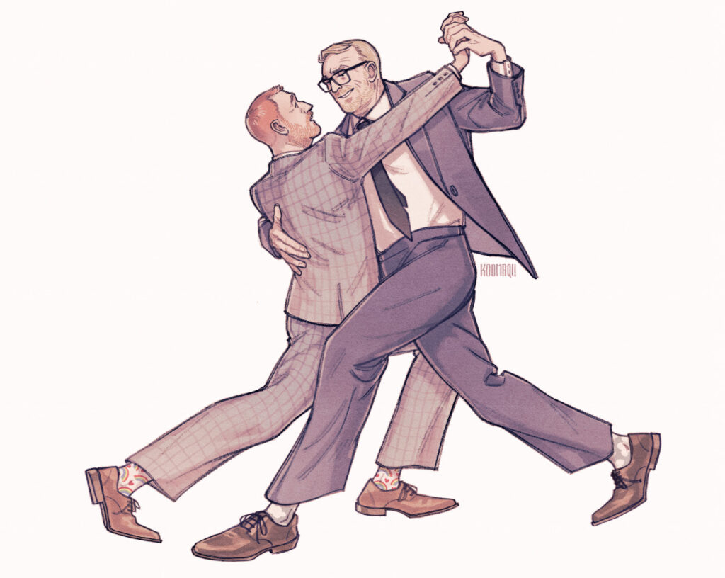 A digital drawing that gives the look of alcohol markers or watercolour. Greg as the taskmaster is viewed from a slight upward angle, standing against an abstract background of shades of red and orange. In his hand, he holds a very little Little Alex Horne aloft by the back of his jacket. Alex, feet dangling and clutching his iPad close to him, looks up at Greg. We cannot see his expression.