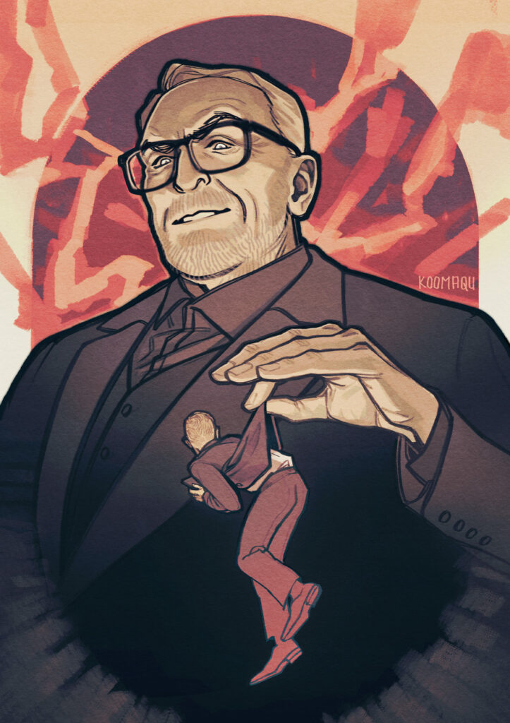 A digital drawing that gives the look of alcohol markers or watercolour. Greg as the taskmaster is viewed from a slight upward angle, standing against an abstract background of shades of red and orange. In his hand, he holds a very little Little Alex Horne aloft by the back of his jacket. Alex, feet dangling and clutching his iPad close to him, looks up at Greg. We cannot see his expression.